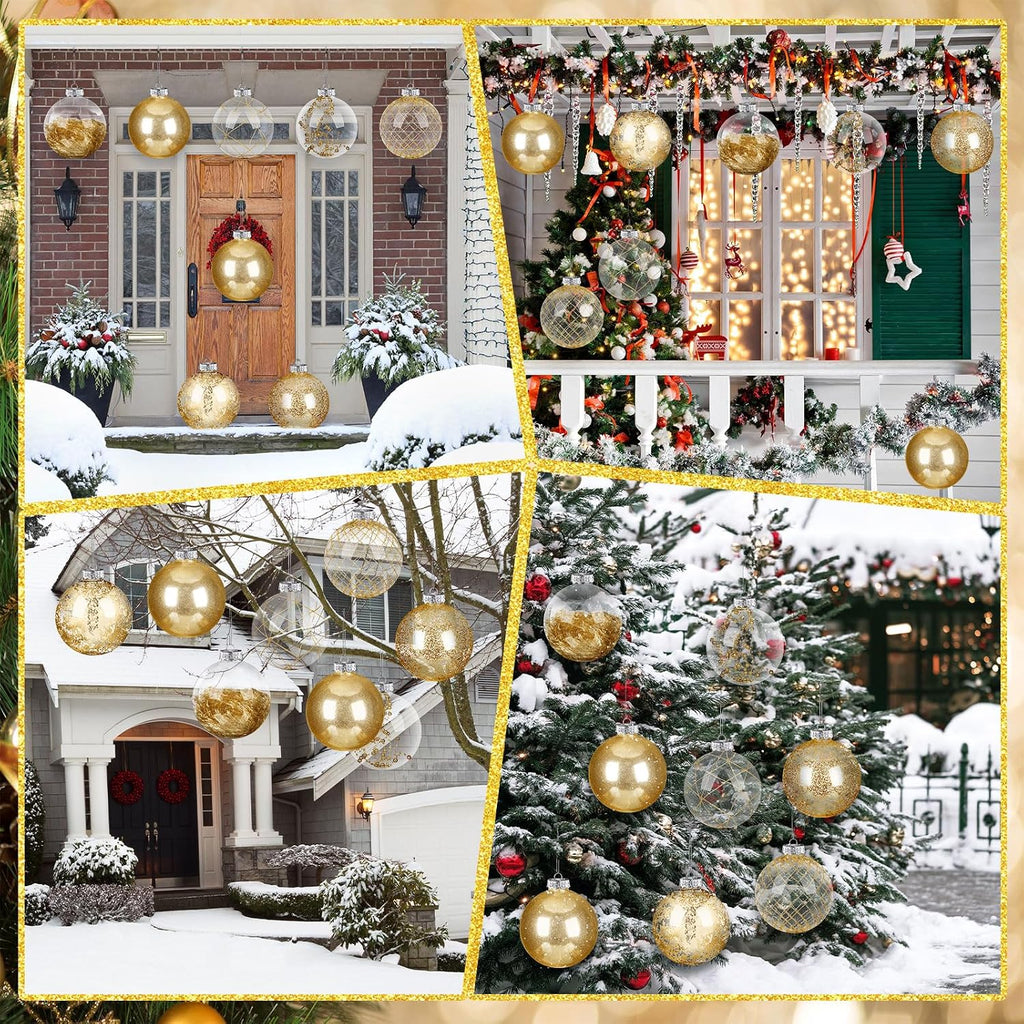 8 Set Clear Large Christmas Ball Ornament 6" Glitter Champagne Gold