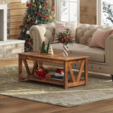 Coffee Table, 43" Farmhouse Coffee Table with Storage Shelf & Sturdy V-Shaped Support, Wood Center Table and Balco...