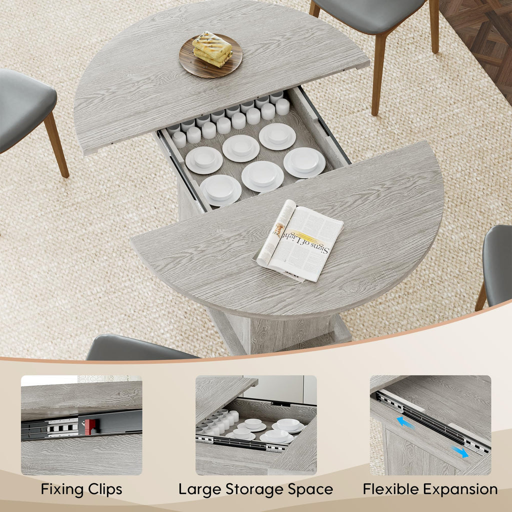 43.3in-59in Extendable Round Dining Table for 4-8, Modern Expandable Kitchen Oval Dining Table, Space Saving Circle