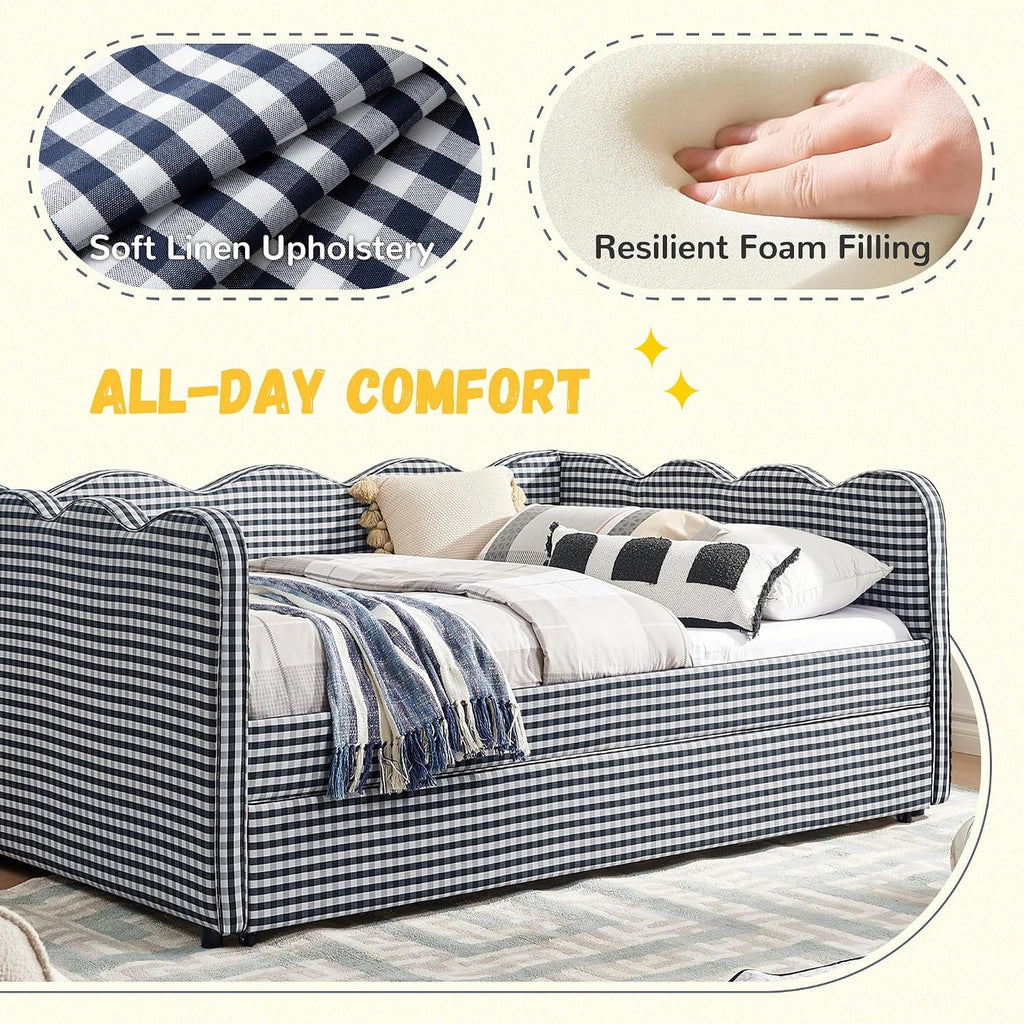 Full Size Gingham Daybed with Trundle and USB Ports | Upholstered Daybed Living Room Guest Room-Navy
