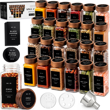 Glass Spice Jars with Label, 24x Acacia Wooden Lids - Black Labels