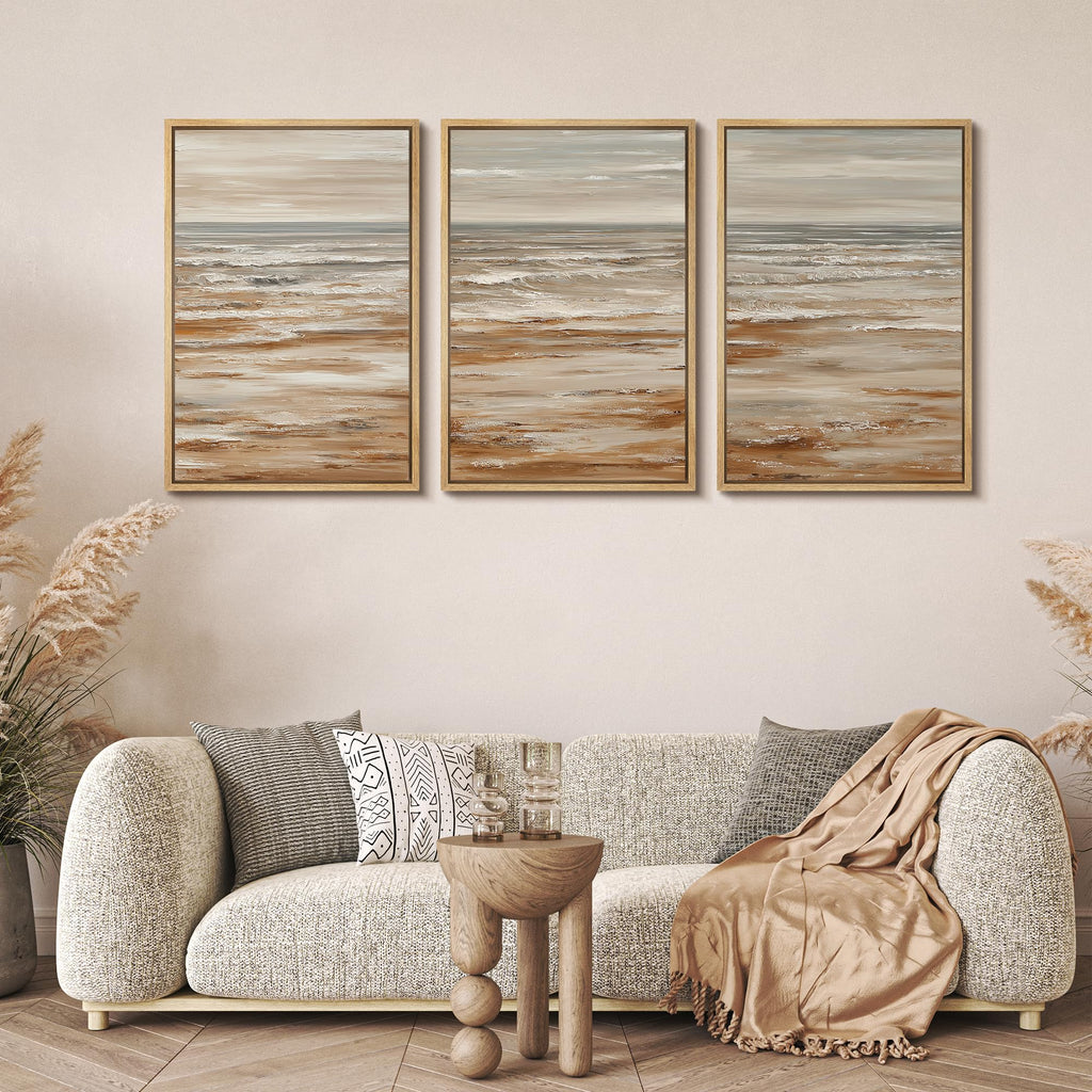 Framed Wall Art Print Set Neutral Coastal Seascape Minimalist Ocean Waves and Sandy Shore Illustrations Modern Art