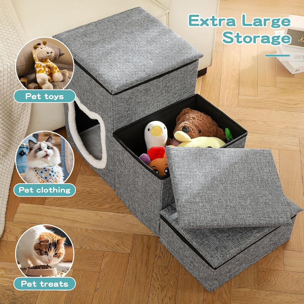 Pet Stairs with Storage and Condo, Cat Stairs for Old Cats, Grey