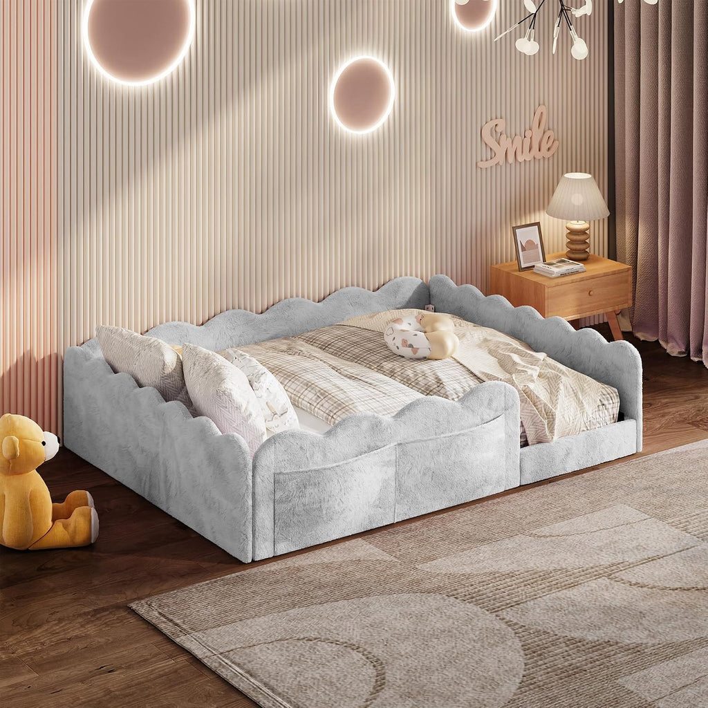 Upholstered Floor Bed with Guardrail, Montessori Kids Bed Frame with Round Fence, Light Gray