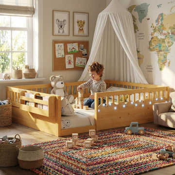 Montessori Floor Bed with High Rails, Floor Bed Frame for Kids, LED Lights & Storage Shelf, Safe & Wider