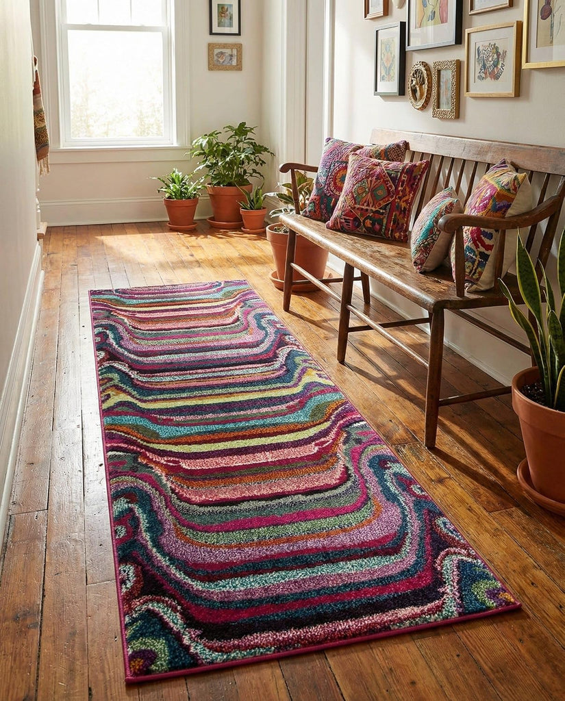 Theia Rug - 7 Ft Runner Multi Washable Runner Rug - Vibrant Modern Stripes s and Playrooms