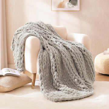 Chunky Knit Blanket Throw Taupe Large Soft Fluffy Cable Knit Crochet Throw 100% Hand Knitted Blanket for Couch
