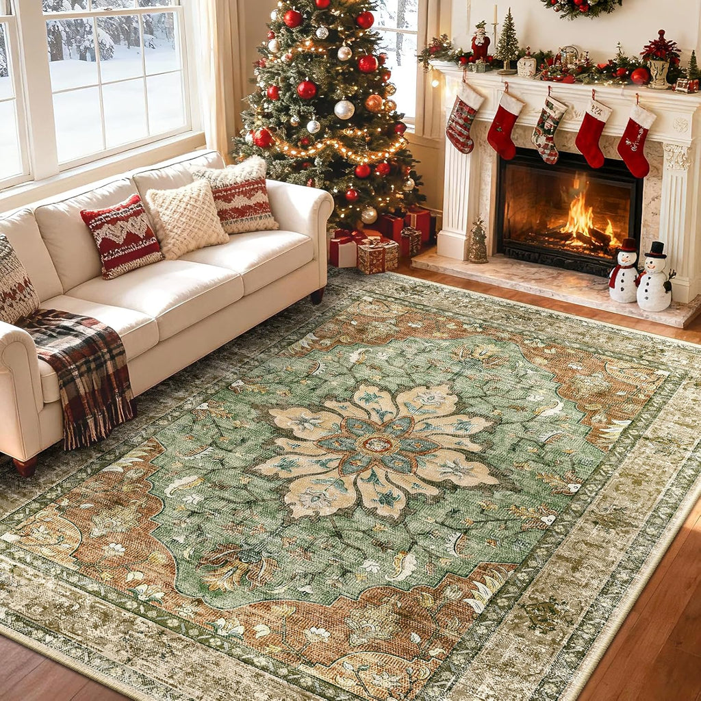 8x10 Area Rugs 8'x10' Washable Non-Slip, Floral Vintage Distress Medallion Carpet for Living Room Bedroom Dining Room