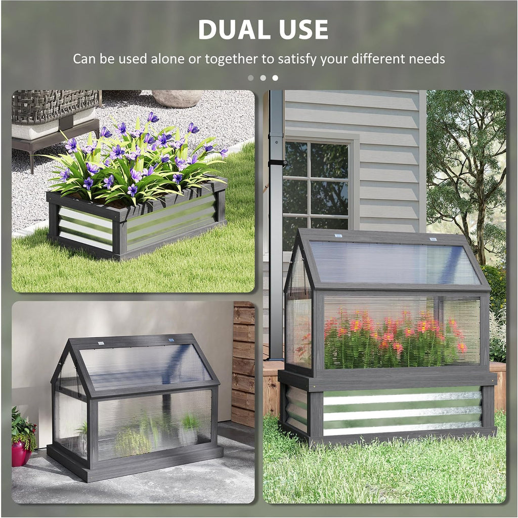 Raised Garden Bed with Greenhouse, Wooden Cold Frame Planter Kit, 35.5"x22.5"x38.25", Gray - Outdoor Plant Protector