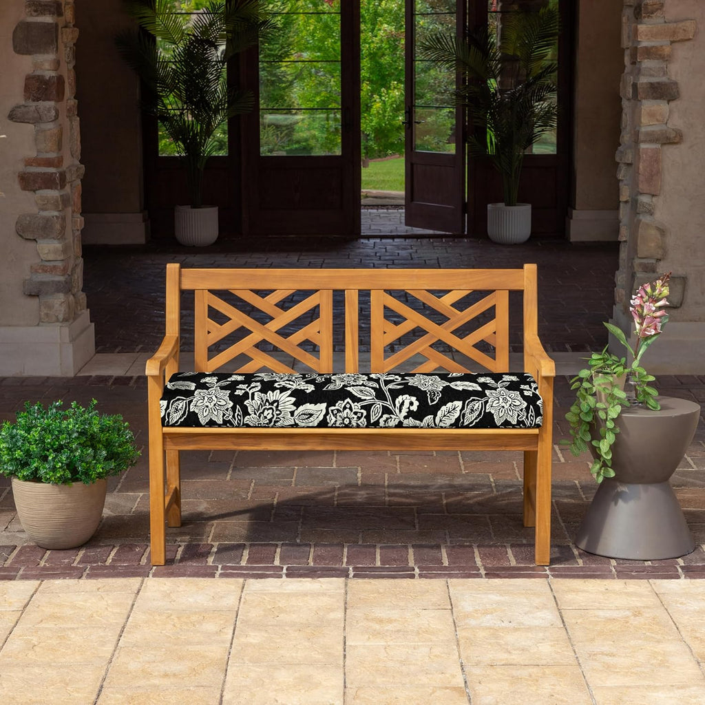 Outdoor Bench Cushion, Foam, 48x18, Black Jacobean | TPU Backed Fabric, Waterfall Design, Made With PROFOAM