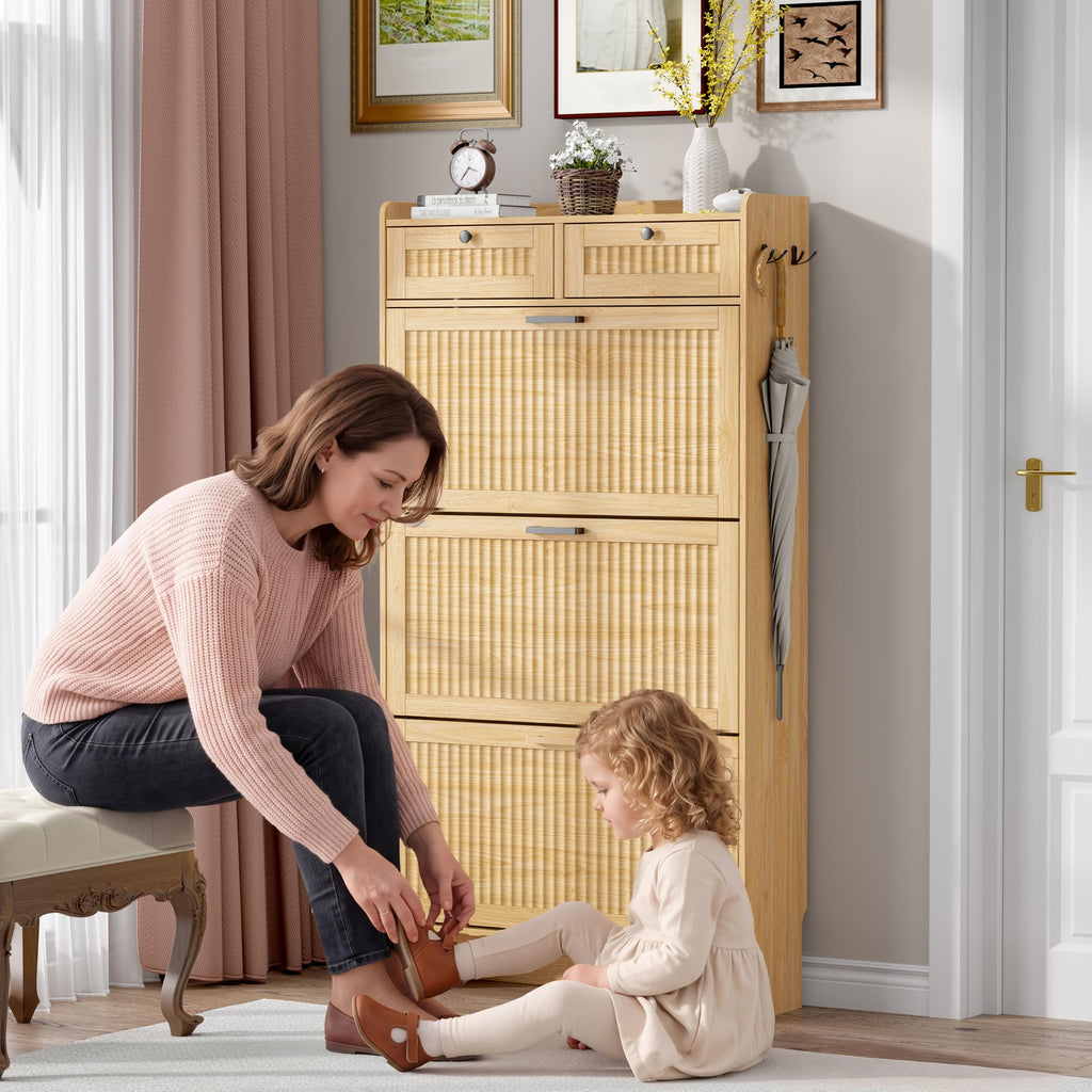 Fluted Shoe Cabinet, 3 Flip & 2 Top Drawers, Oak