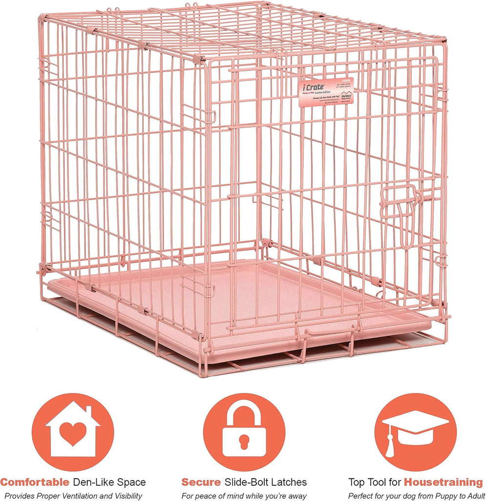 24-Inch Pink Fashion iCrate for Small Breeds, 12-20 lbs, Single Door Folding Dog Crate with Divider Panel