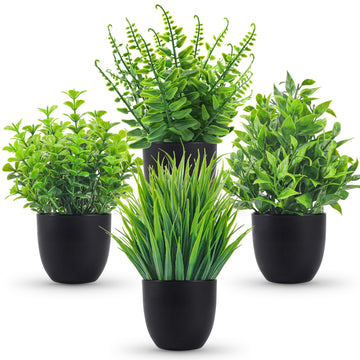 4 Pack Mini Fake Plants in Black Pots, 7" Bathroom & Desk Decor