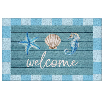 Beach Welcome Mat for Front Door, Beach Door Mat, Starfish Seashell Seahorse Beachy Door Mats Indoor Outdoor Entrance