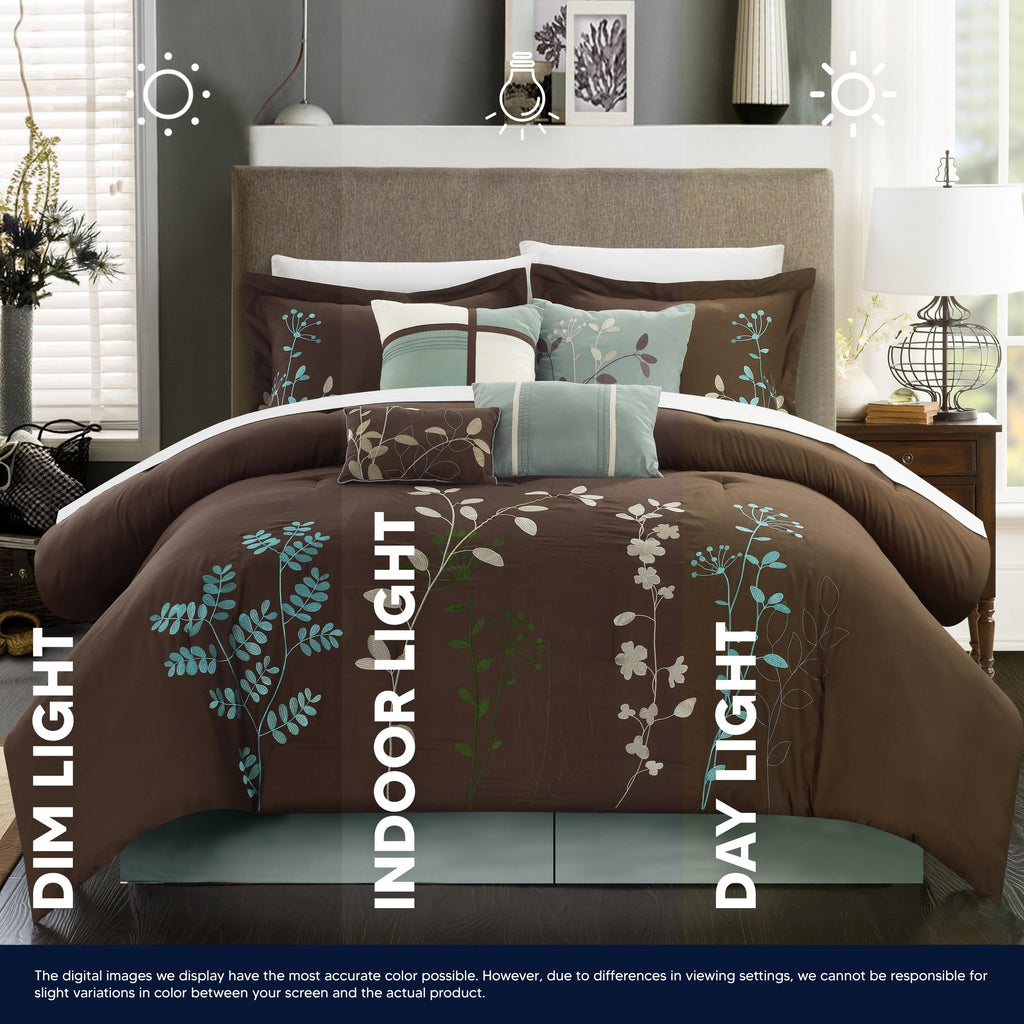 Bliss Garden 8 Piece Embroidered Comforter Set, Queen, Brown