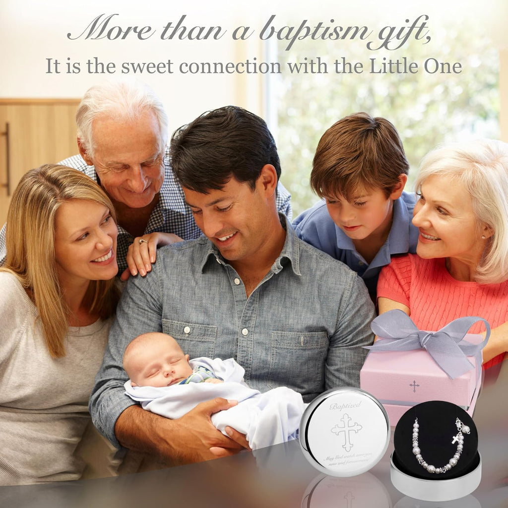 Baptism Bracelet in 925 Sterling Silver and Cultured Pearls for Baby Girls, with Silver-plated Jewelry Keepsake Box