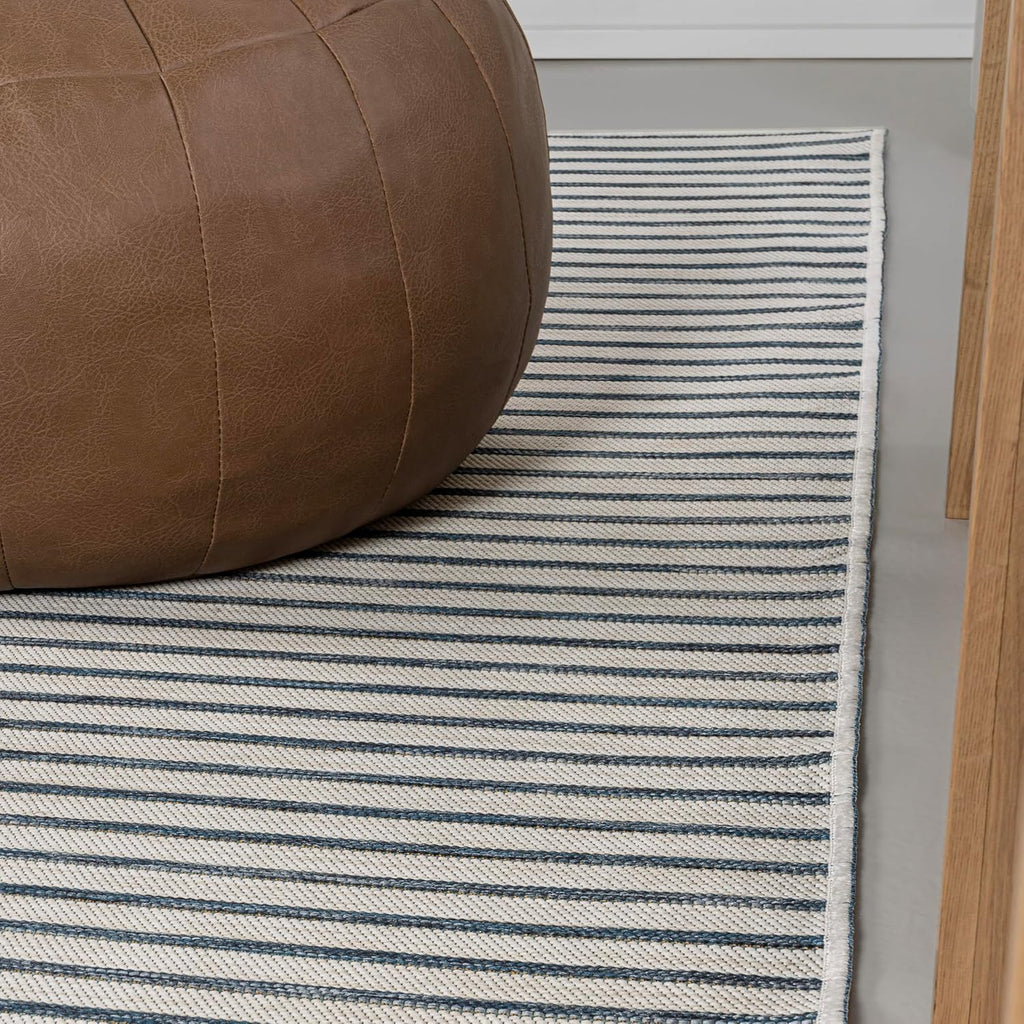 Pinstripe Reversible Washable Indoor Outdoor Area Rug Navy/Cream, Damon Classic Coastal for Backyard, Patio