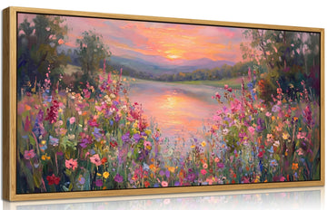 Large Floral Landscape Wall Art Wildflower Meadow Lake Sunset Painting Picture Colorful Botanical Flower Nature
