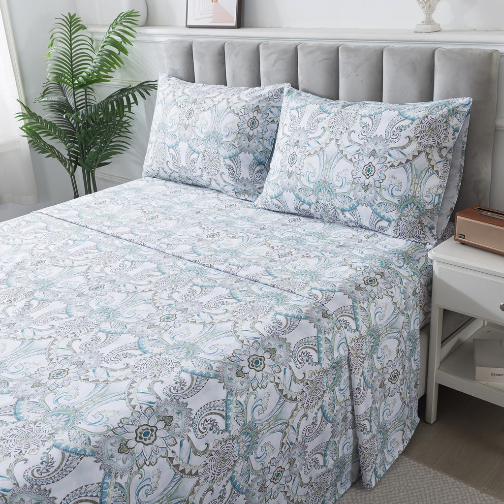 Blue Paisley Sheets Set Queen Classic Boho Paisley Bedding Luxurious Bohemian Damask Paisley Bed Sheet Breathable