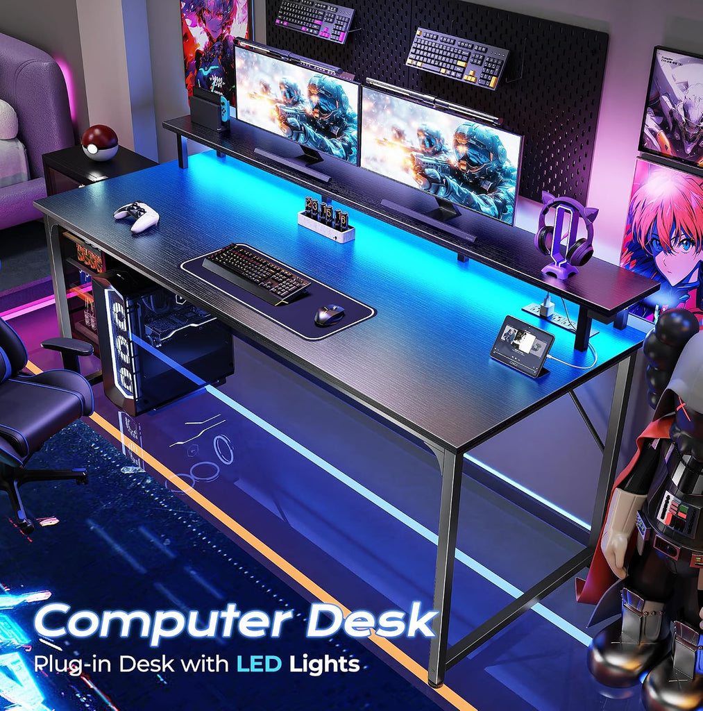 55 inch Gaming Desk, LED & Power Outlets, Monitor Stand, Black | Sturdy PC Desk , Study & Work, LED Lights, 4 AC