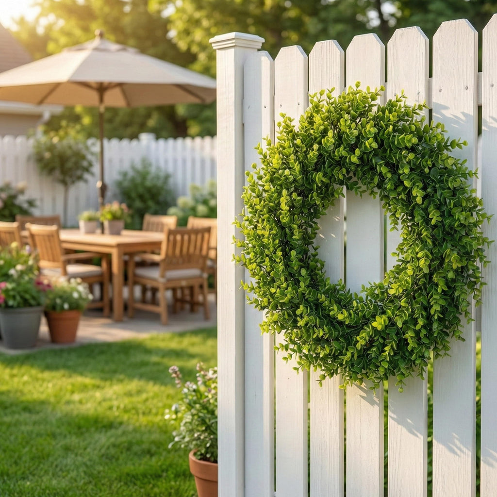 24 Inch Boxwood Wreath for Front Door, Large Green Outdoor Wreaths