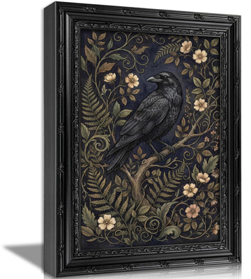 Black Framed Botanical Black Crow Canvas Wall Art, Vintage Gothic Raven on Wild Flower Branch Painting Print, Dark