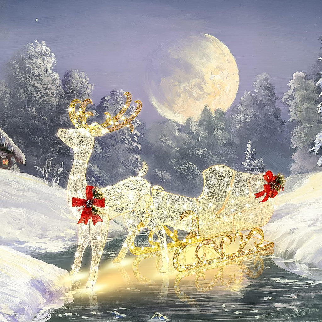 6 FT Christmas Lighted Reindeer & Santa's Sleigh Set, Warm White