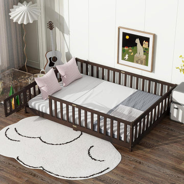 Floor Bed for Kids, Girls, Boys, Rubber Wood Floor Bed with slats and Door/Rails/Fence, Espresso