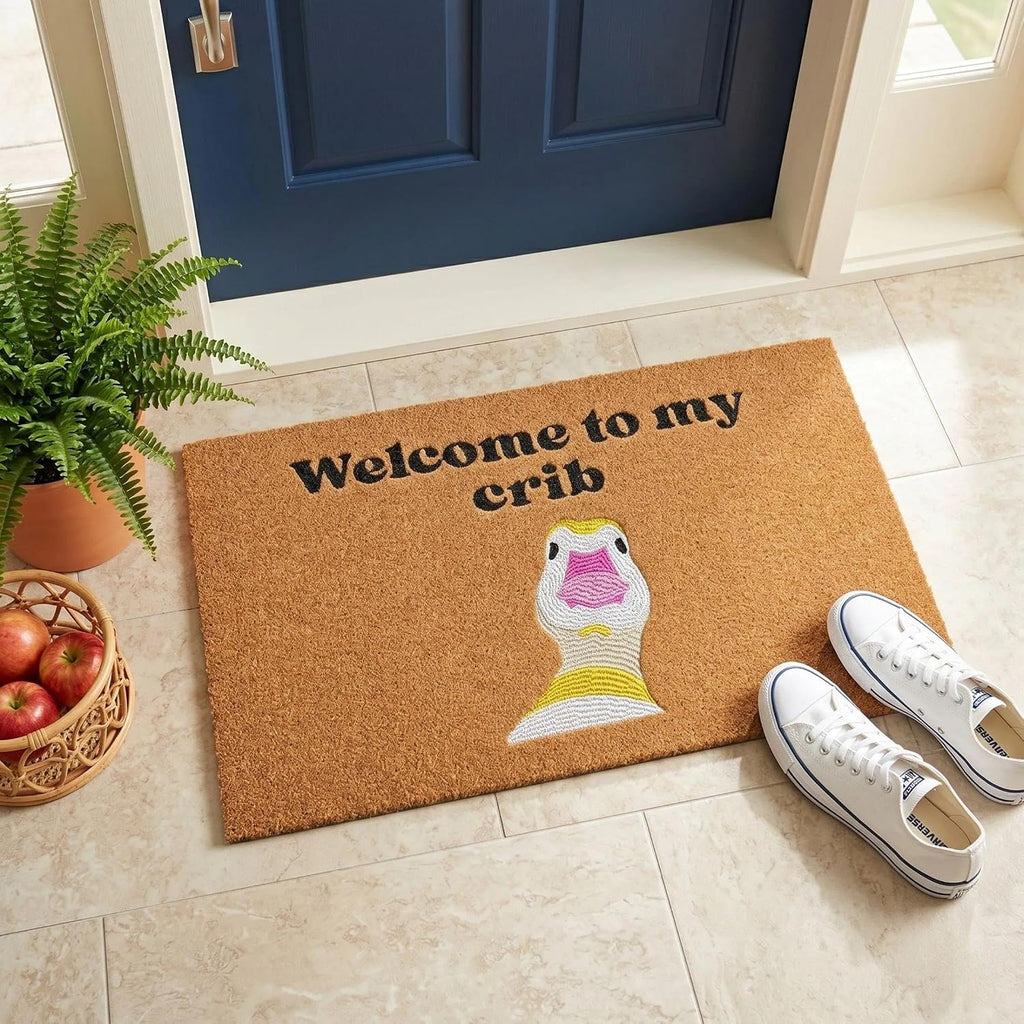 "Welcome to My Crib" Doormat, 18 x 30 Inch Funny Goose Door Mat | Embroidered faux coir mat with non-slip backing and
