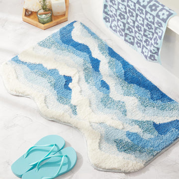 Blue Ocean Wave Bath Mat, Cute Funky Bathroom Rugs for Coastal Beach Nautical Themed Decor, Non-Slip Washable Accent