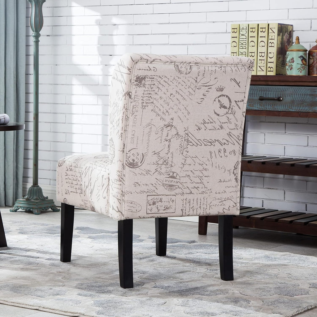 Lomira Contemporary Armless Accent Chair with Vintage French Print Fabric, Beige