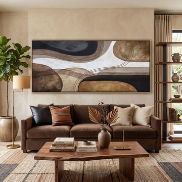 Large Brown and Black Abstract Canvas Wall Art - Modern Framed Artwork, Minimalist Neutral Bedroom Wall Decor Above