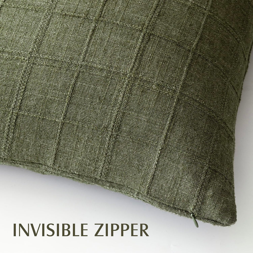 Boho Linen Check Decorative Throw Pillow Cover 20×20 Olive Green