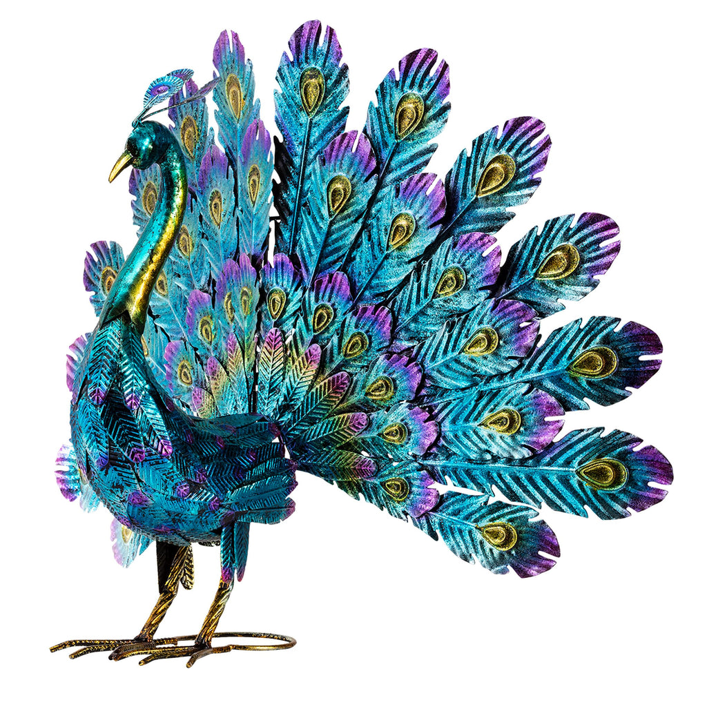 23" Tall Outdoor Metal Peacock Statue, Multicolor
