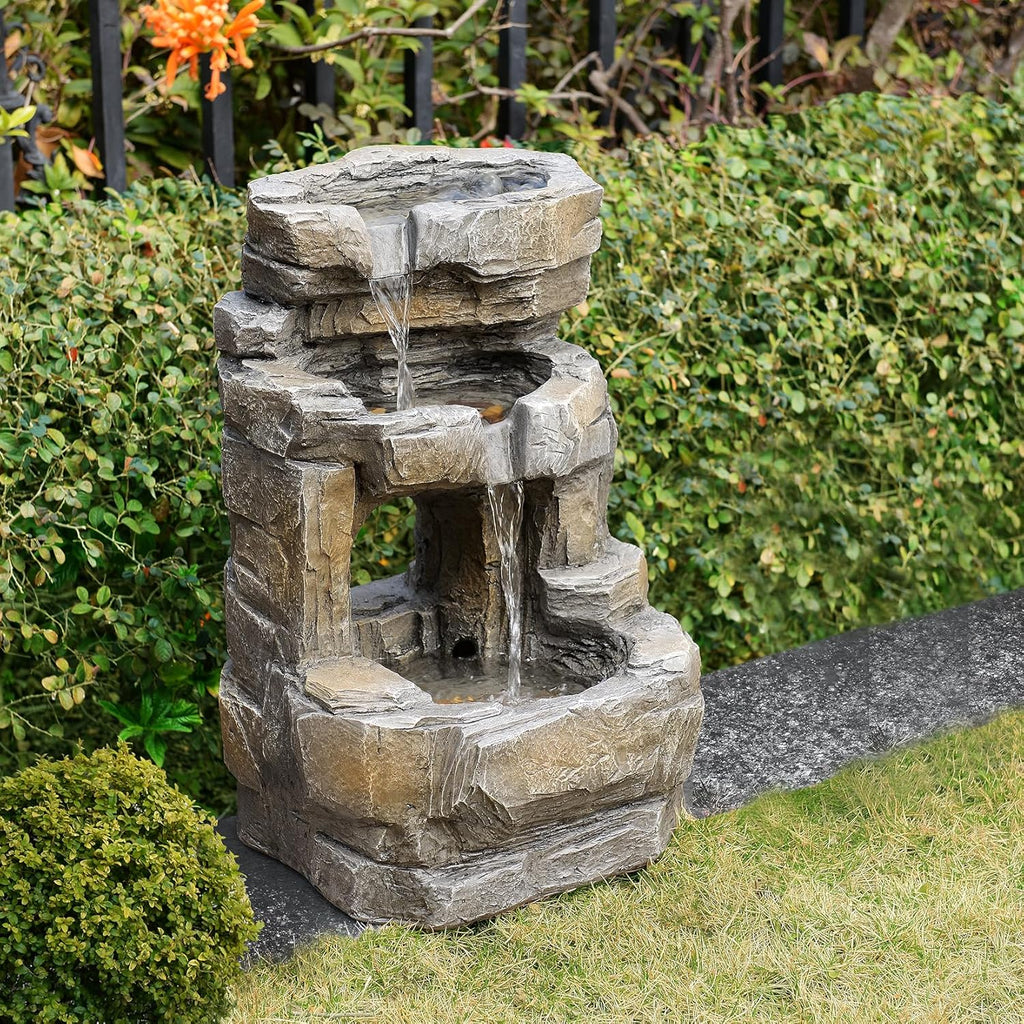 Outdoor Waterfall Fountain with LED Lights - 3-Tier Resin Rock Water Feature Patio Backyard, 21.5" Tall Fountain