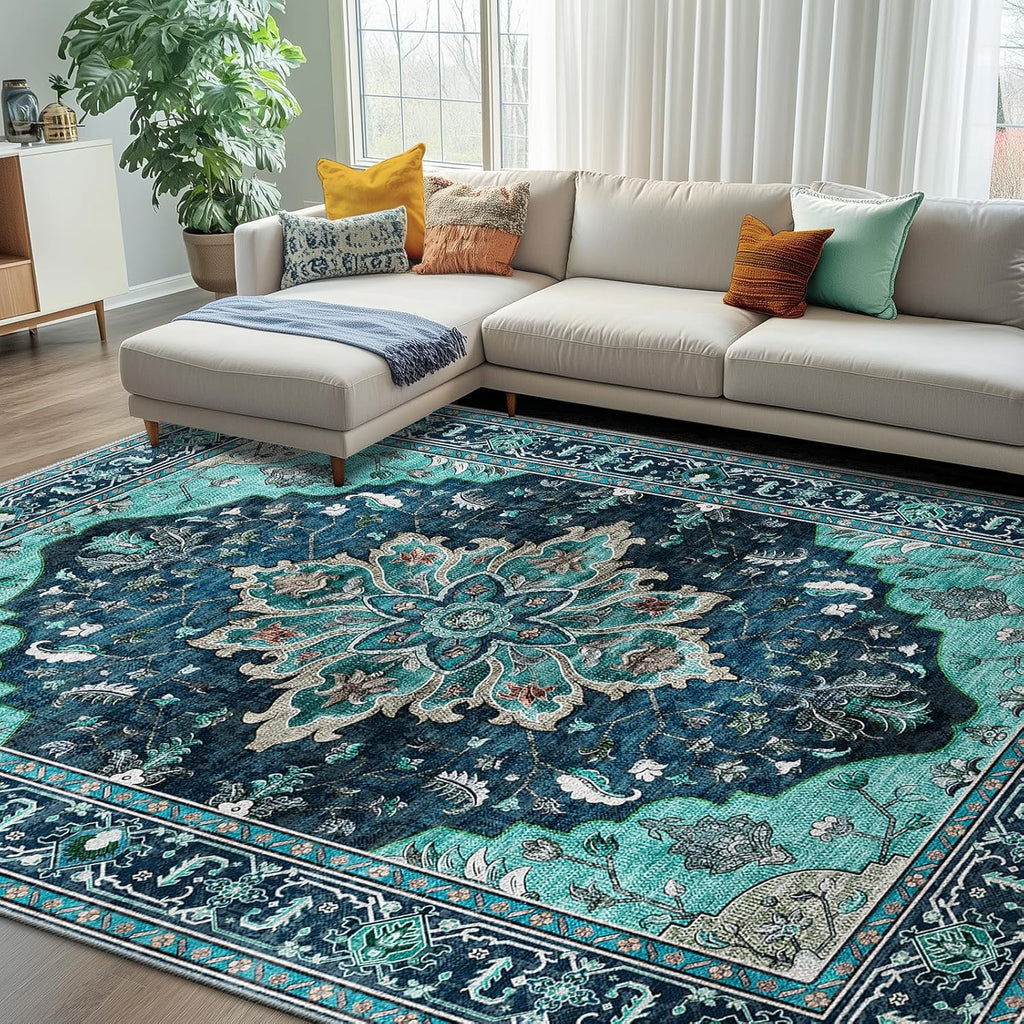 Area Rugs Washable Non-Slip, Floral Vintage Distress Print Pattern Medallion Carpet for Living Room Bedroom