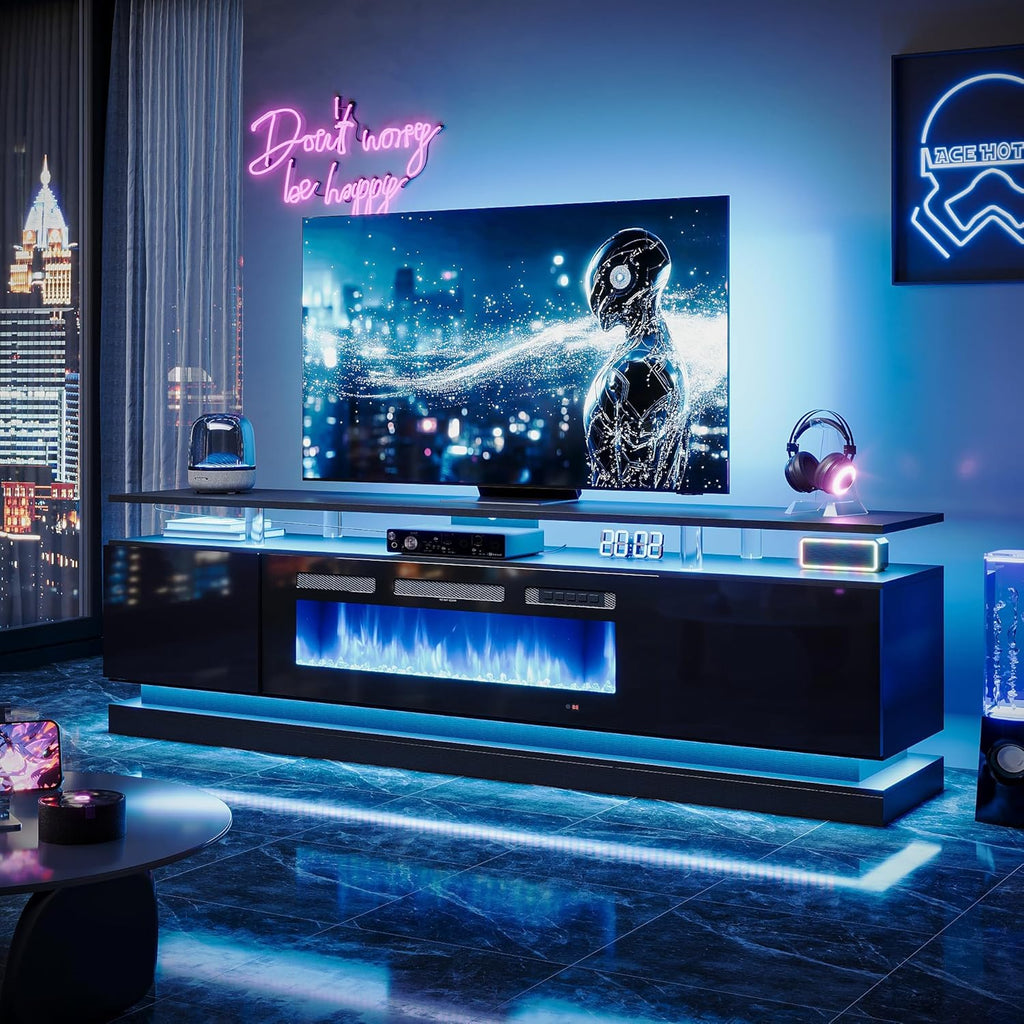 70 Inch Fireplace TV Stand with Electric Fireplace, Modern Entertainment Center with Storage Cabinets for TVs up to 80 Inch