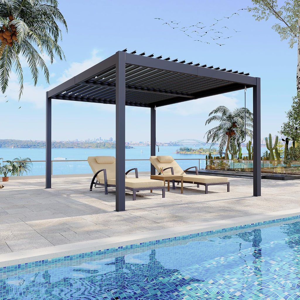 10X12 FT Pergola with Independent Adjustable Rainproof Roof