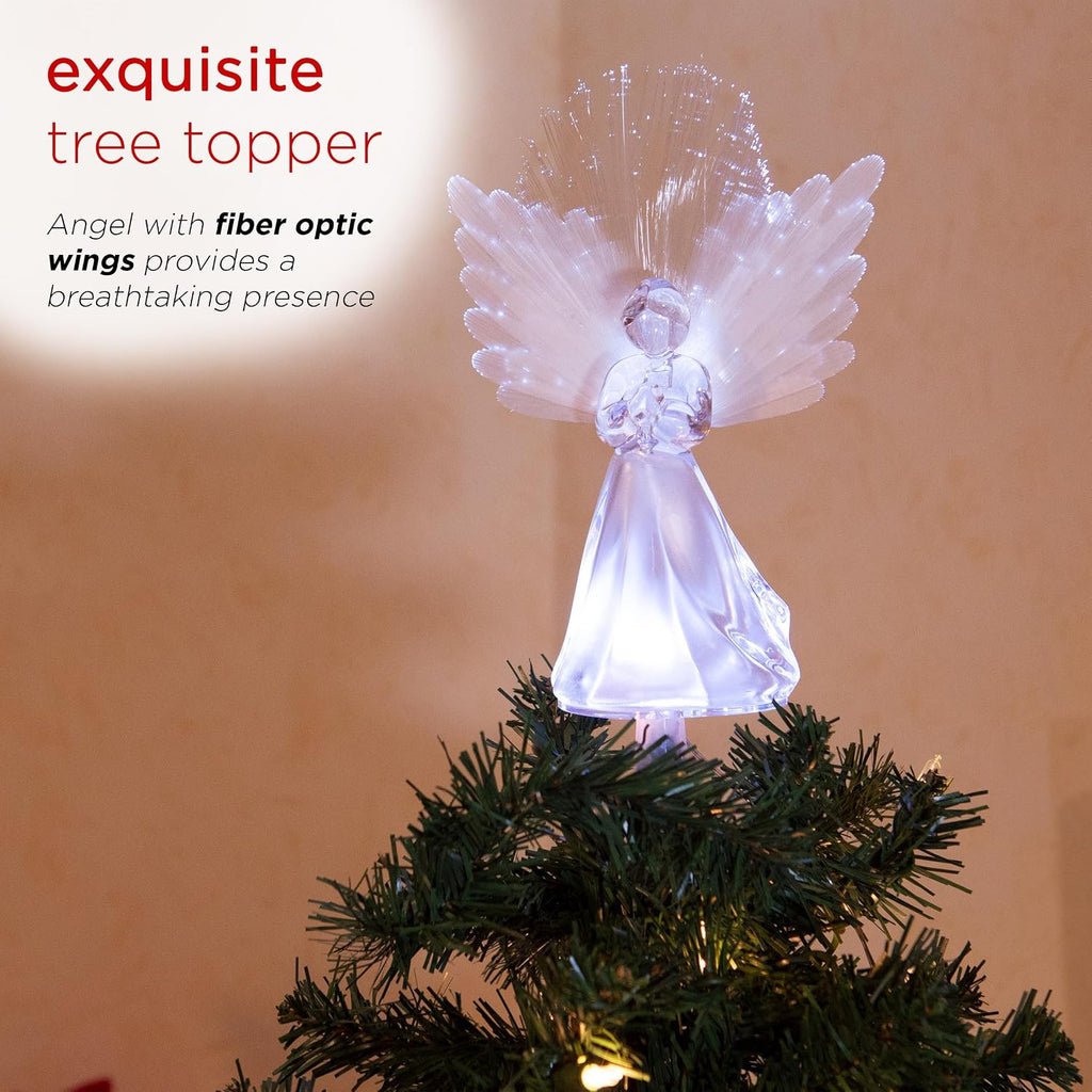 11" Tall Angel Tree Topper with Fiber Optic Wings and LED Light, with Timer Function, Durable Plastic, and Radiant