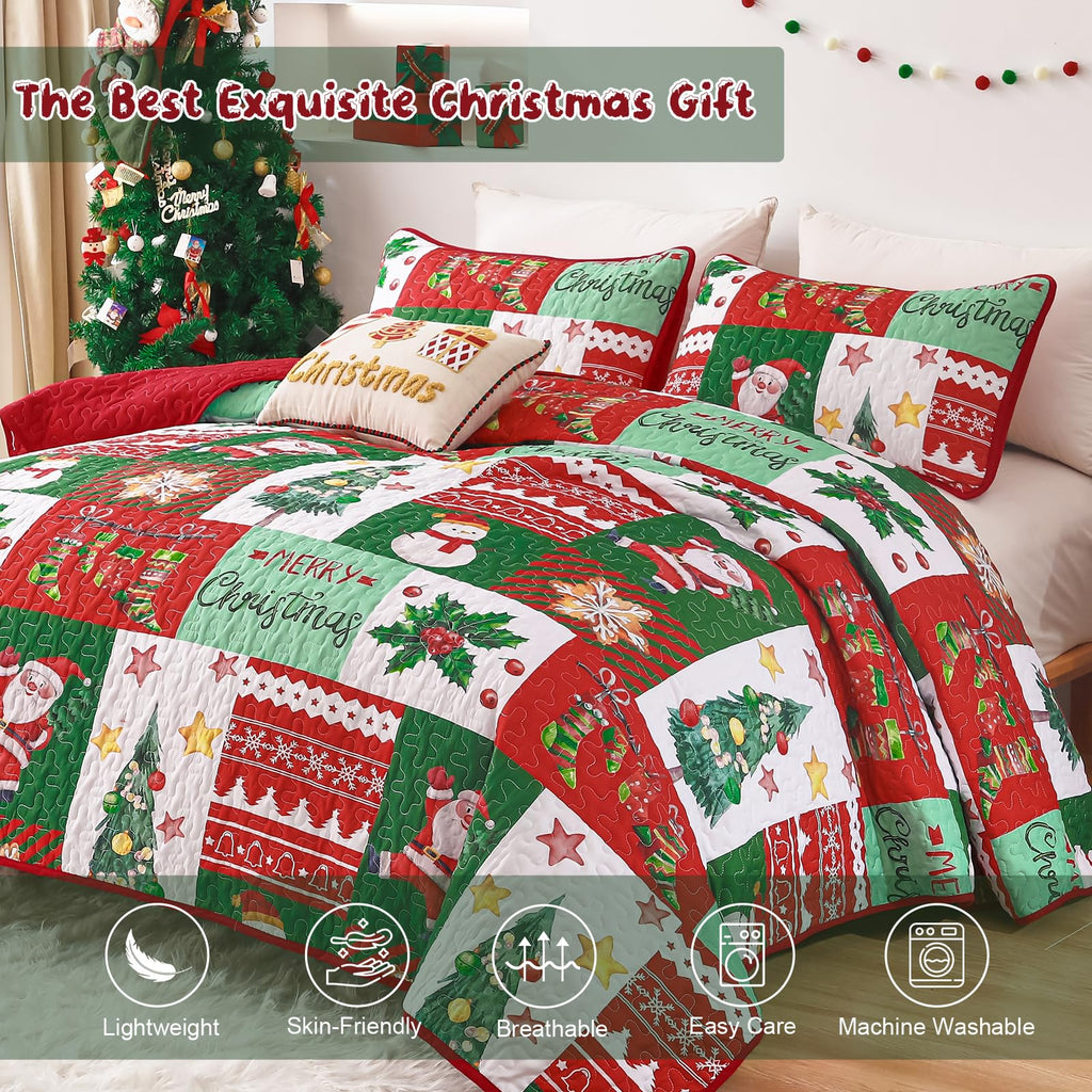 Christmas Quilt Set King Size, 3 Pieces Microfiber Bedspread