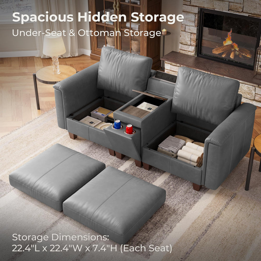 Faux Leather Sectional Sofa, 2 Seater Couch with Console, Gray