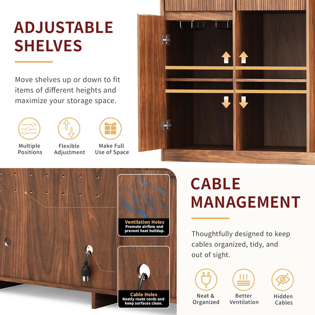 51" Coffee Bar Cabinet with Fridge Space, Fluted Mini Fridge Cabinet with Storage/Charging Station, Wine Liquor