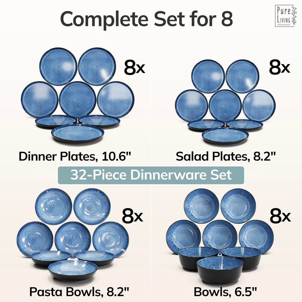 32 Piece Stoneware Dinnerware Set for 8, Handcrafted Plates and Bowls Set