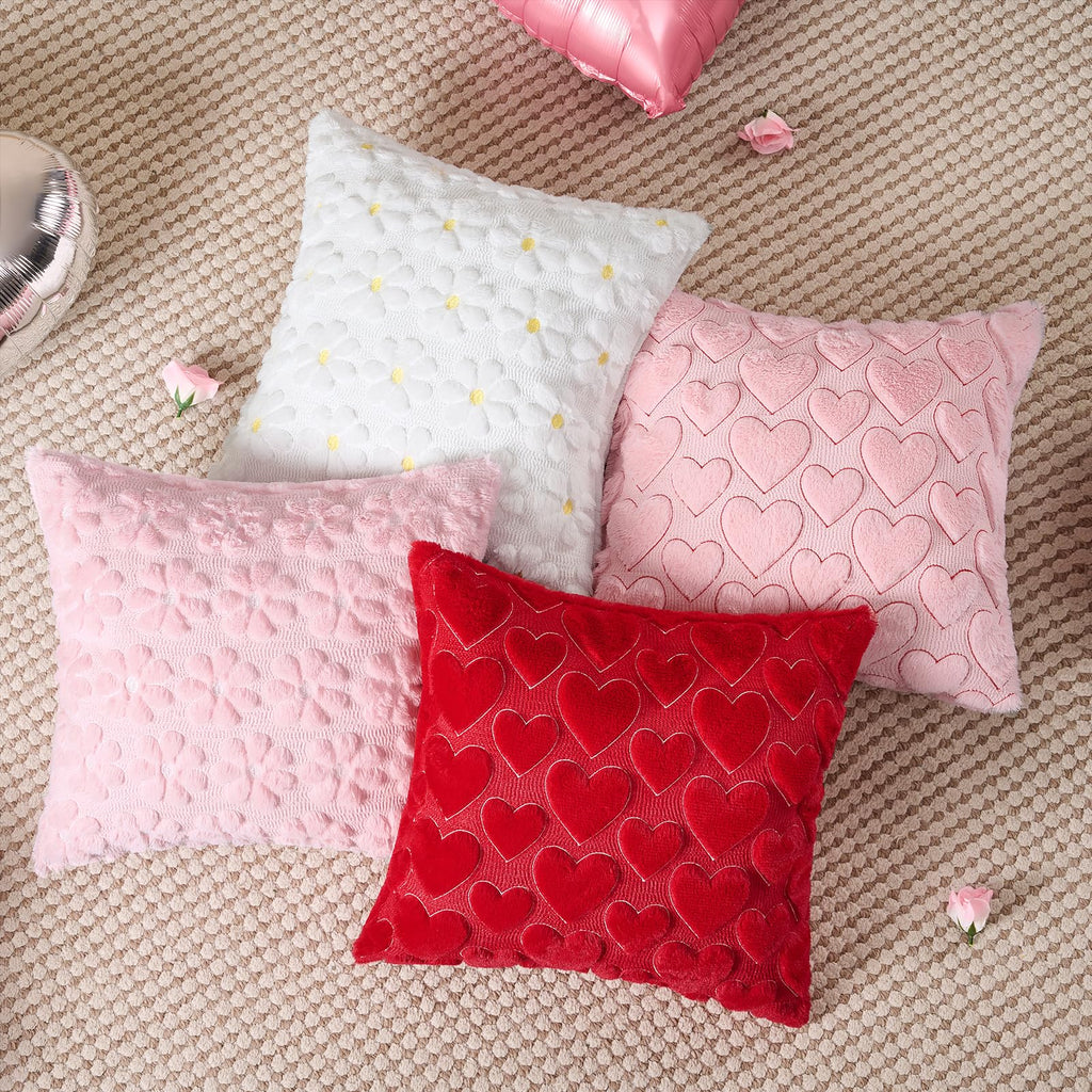 Spring Decorative Throw Pillow Covers 20 x 20 Inch Set of 2, Farmhouse Summer Floral Daisy Soft Faux Fur Cushion