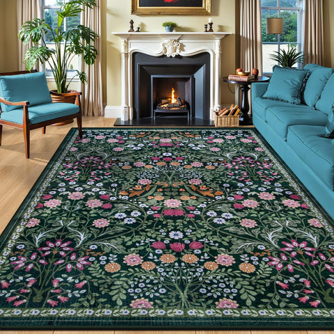 8x10 Green Floral Washable Area Rug, Vintage Boho Non-Slip Carpet for Bedroom Dining Room