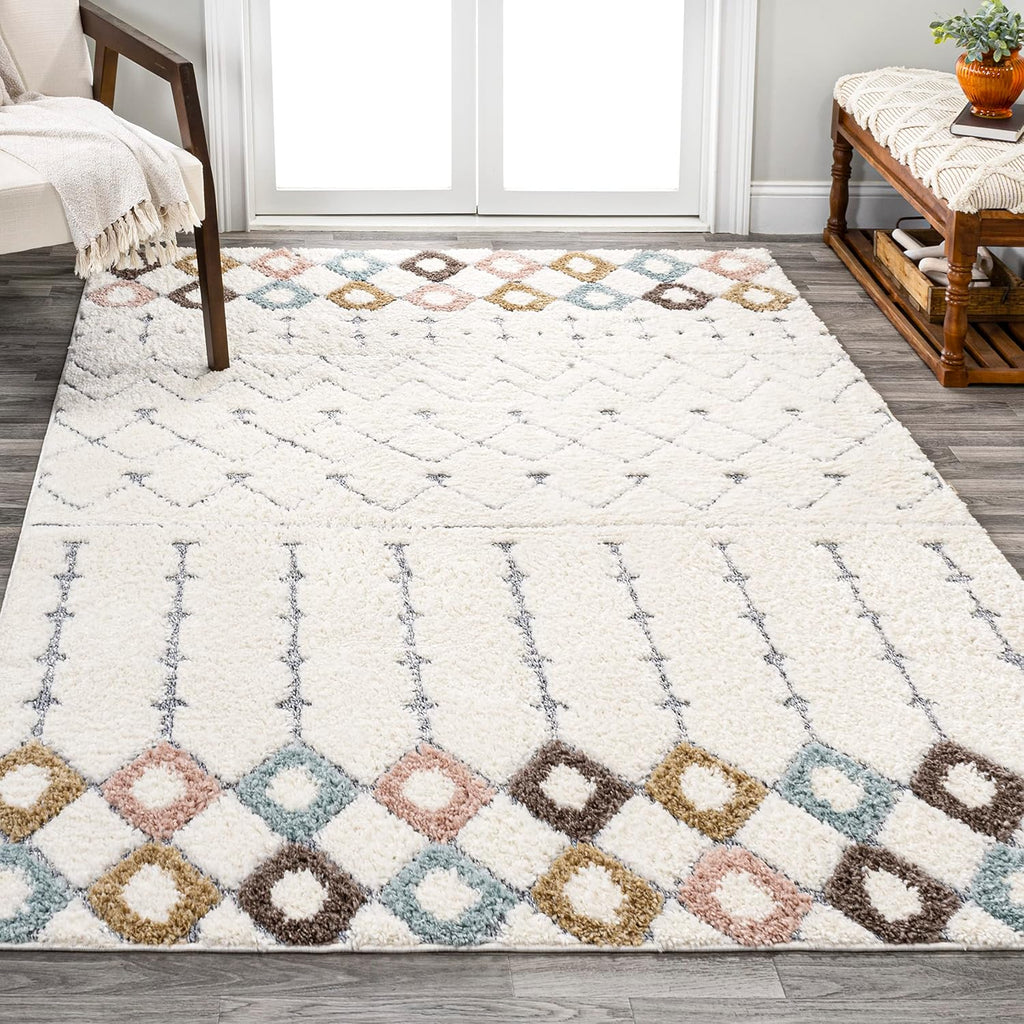 Trellis Plush Carved Multi/Cream Indoor Area Rug 4X6 ft, Pia Moroccan High-Low, Easy-Cleaning, High Traffic