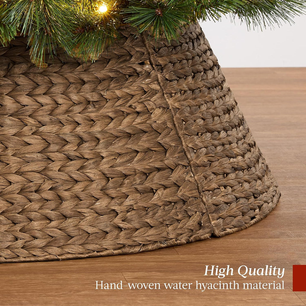 42in Christmas Tree Collar, Woven Hyacinth 4-Piece Holiday Rattan Tree Skirt Accessory w/Cord Cut-Out - Chestnut