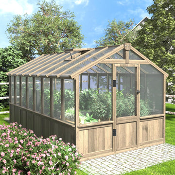 8x16 FT Greenhouse for Outdoor, 6MM Thick Polycarbonate Panel Wooden Walk-in Green House with Adjustable Roof Vents