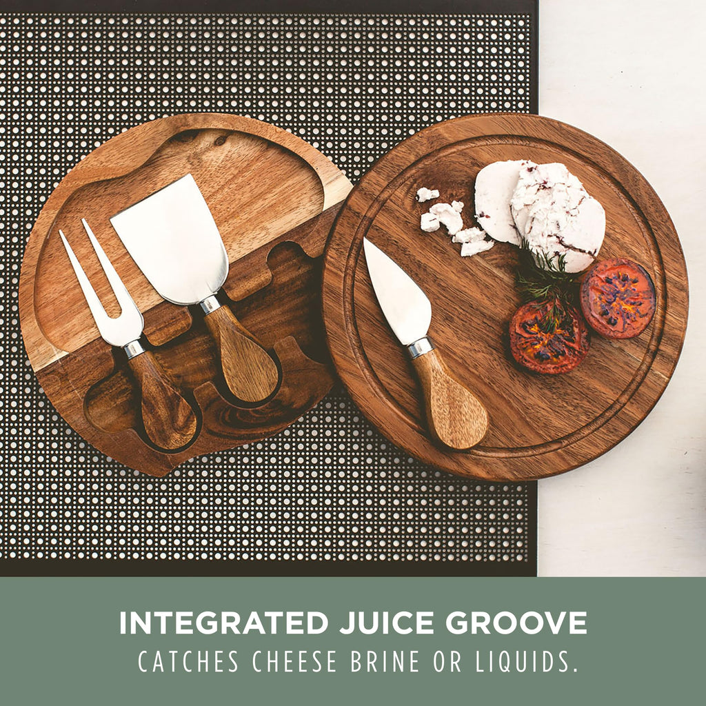 Acacia Brie Cheese Board and Knife Set - Charcuterie Board Set - Wood Cutting Board, (Acacia Wood) 7.5