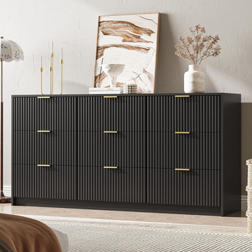 63" Wide Fluted 9-Drawer Dresser, Black